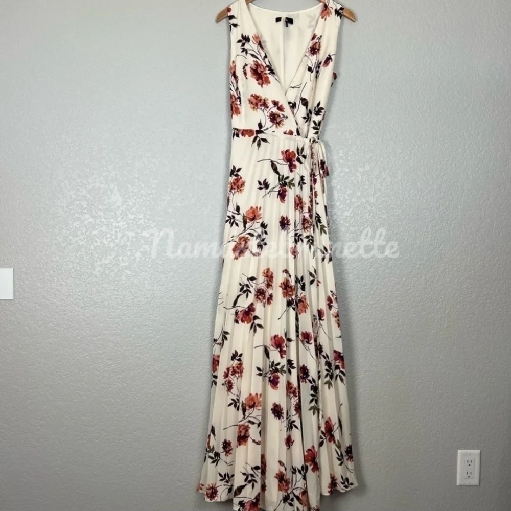 Nwt Lulu's Small Boho Ivory Multi Floral Print Pleated Wrap Maxi Dress - Picture 13 of 16